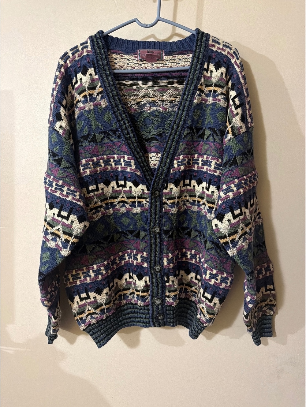 Vintage Concrete Mix Knit Cardigan Sweater Large Multicolor Geometric Pattern